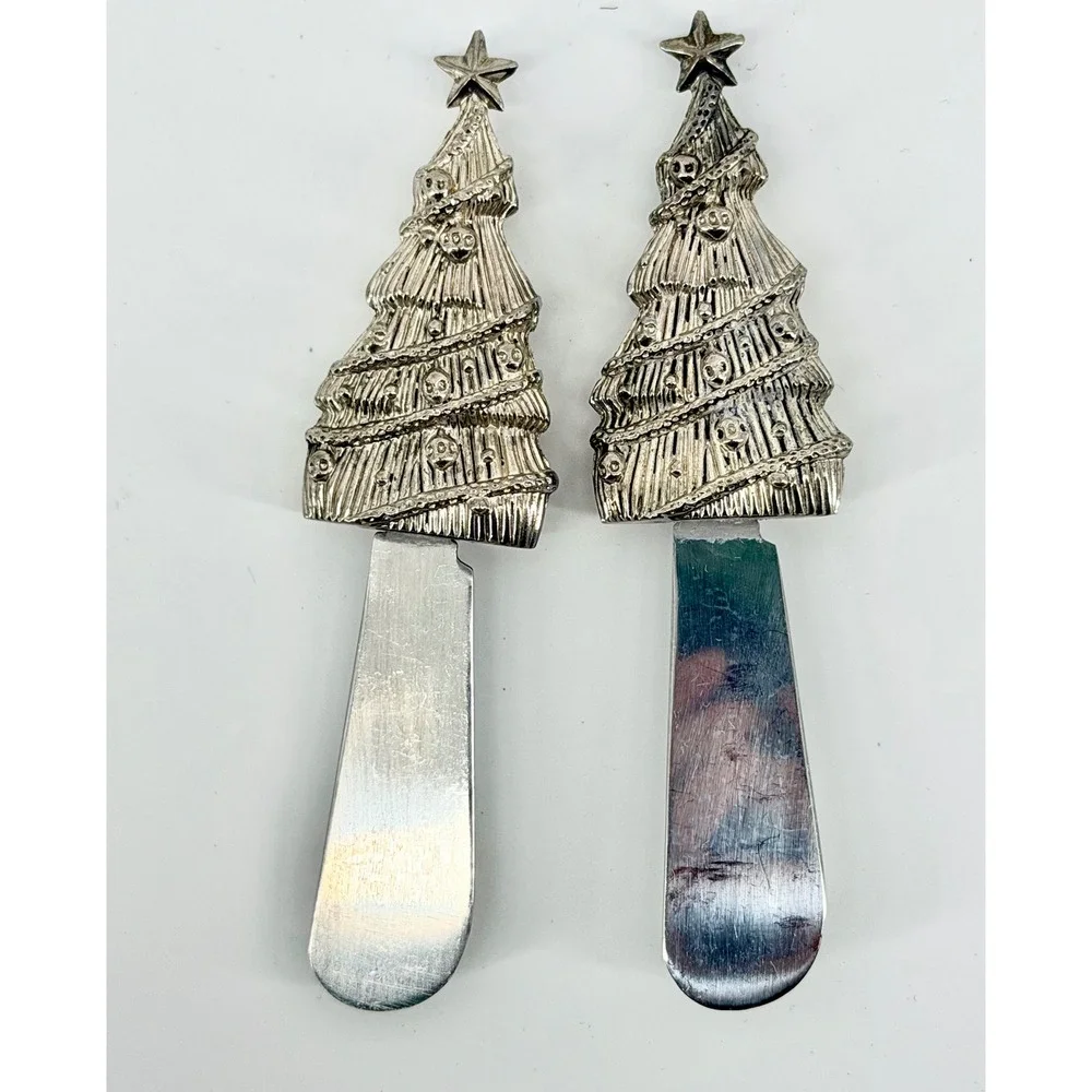 Wallace Christmas Tree Cheese Spreaders Stainless Steel Set of 2 Silver Holiday